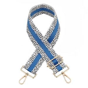 Adjustable leopard stripe wide bag strap with blue accent and gold metal hooks