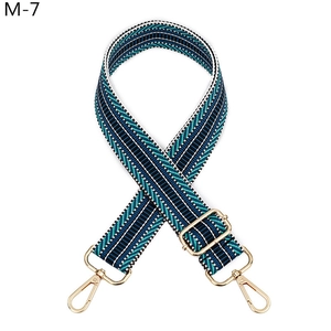 Détail de la bandoulière tissée bleue et blanche avec mousquetons en métal doré