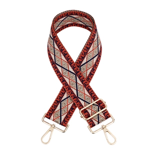 Adjustable crossbody bag strap with vintage geometric diamond patterns and gold hooks