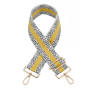 Adjustable wide leopard stripe bag strap with golden metal buckles on white background