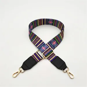 Close-up of colorful ethnic woven strap with black leather ends and gold metal clips