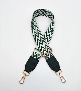 Detail of green and white geometric woven strap with leather ends and gold metal clips
