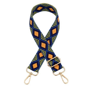 Adjustable crossbody bag strap with blue orange diamond pattern and gold hardware