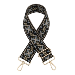 Ethnic woven shoulder strap with blue cross pattern and gold metal hooks for bags