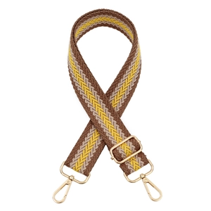 Adjustable woven shoulder strap for bags with brown and yellow chevron pattern and gold hooks