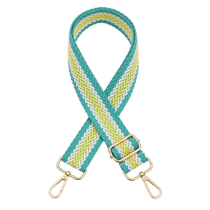 Adjustable woven shoulder strap for bags with blue wavy pattern and gold metal hardware
