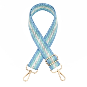 Close-up of blue and white woven shoulder strap with gold lobster clasps and adjustment buckle