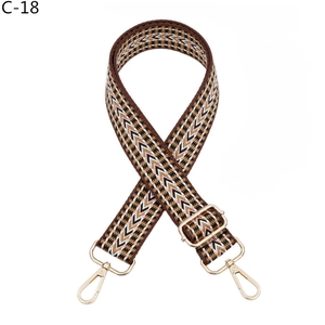 Detail of adjustable woven ethnic pattern strap with light gold metal spring hooks