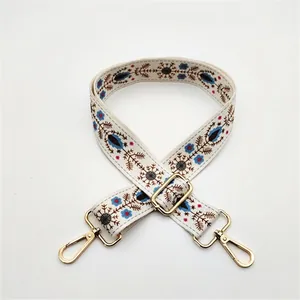 Détail de la bandoulière réglable avec broderie ethnique et mousquetons dorés