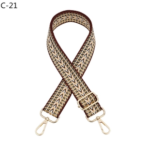 Detail of adjustable geometric weave strap with gold swivel hooks and buckle