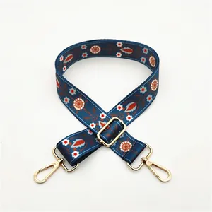Bandoulière ethnique bleue tissée réglable avec broderie florale et détails en métal doré