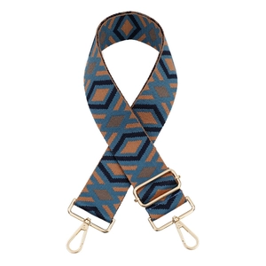 Adjustable woven shoulder strap with geometric diamond pattern and gold metal buckles