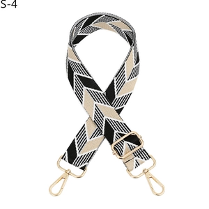 Detail of adjustable geometric patterned bag strap with premium gold swivel lobster clasps