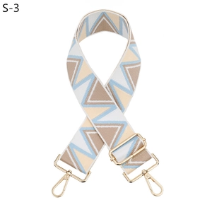 Close-up of geometric pattern shoulder strap with golden metal lobster clasps