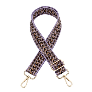Adjustable wide ethnic style shoulder strap with purple geometric pattern and gold clips