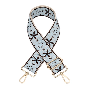 Floral embroidered bag strap in light blue with adjustable gold hooks for crossbody bags