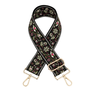 Adjustable retro floral embroidery wide bag strap with gold metal buckles for handbags