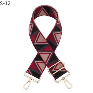 Close-up of geometric triangle woven shoulder strap with gold-tone metal buckles
