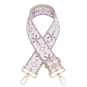Adjustable wide replacement shoulder strap with purple floral embroidery and gold hardware