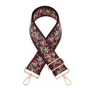 Ethnic style floral embroidery bag strap with gold metal buckles and adjustable length