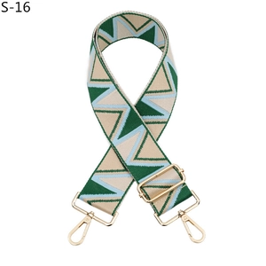 Detail of adjustable wide bag strap with green and blue geometric wave patterns