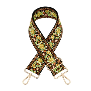 Ethnic bohemian style embroidered wide shoulder strap with golden metal lobster clasps