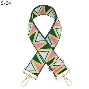 Close-up of adjustable woven shoulder strap with green pink yellow geometric wave patterns