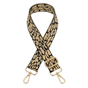 Adjustable leopard print bag strap with gold metal hooks and weaving detail