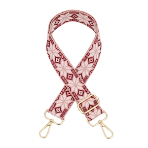 Ethnic wide woven shoulder strap in pink and burgundy with gold metal lobster clasps