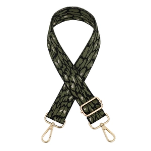 Close-up of leopard print bag strap with golden metal swivel hooks and adjustable buckle