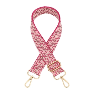 Detail of woven jacquard geometric rhombus pattern strap with gold metal lobster clasps