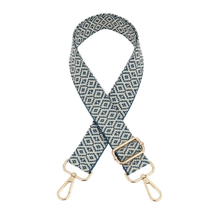Ethnic geometric jacquard woven bag strap with navy diamond pattern and gold hardware