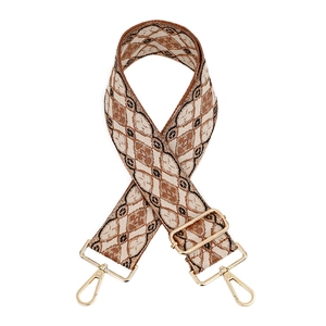Adjustable wide replacement shoulder strap with brown diamond jacquard pattern and gold clips