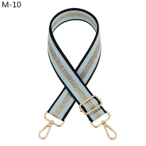 Adjustable woven shoulder strap for handbags with light blue and gold stripes and metal clips