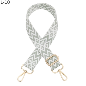Detail of adjustable gray-green jacquard shoulder strap with gold swivel snap hooks