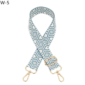 Detail of blue and white geometric woven strap with gold metal swivel hooks and adjuster