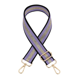 Adjustable purple striped bag strap with gold glitter line and metal lobster clasps