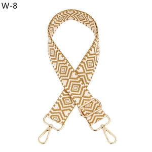 Detail of adjustable geometric jacquard bag strap with gold metal swivel hooks