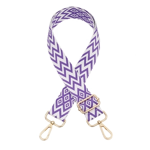 Adjustable purple and white geometric jacquard strap for handbags with gold metal hardware