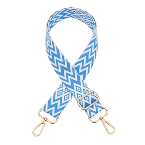 Adjustable blue and white geometric jacquard shoulder strap with gold metal hooks