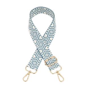 Adjustable blue and white geometric woven guitar strap for crossbody bags with gold buckles
