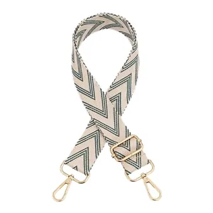 Detail view of woven herringbone shoulder strap with gold lobster clasps and metal slider