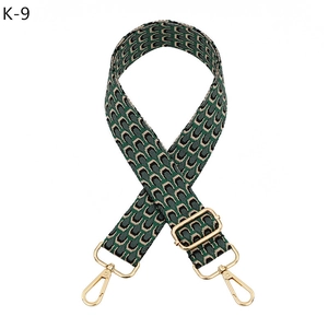 Detail of adjustable geometric jacquard bag strap with gold metal lobster clasps