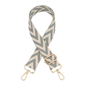 Adjustable canvas shoulder strap with green and beige zigzag pattern and gold metal hooks