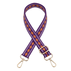 Adjustable wide embroidered bag strap with purple and orange geometric patterns