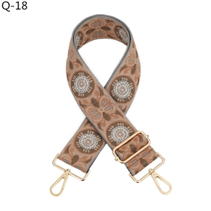 Macro detail of widened jacquard bag strap with geometric patterns and gold metal clasps