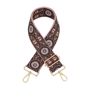 Adjustable wide jacquard bag strap with retro floral pattern and gold metal hardware