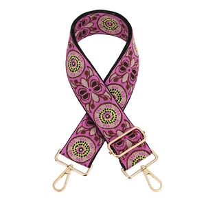 Adjustable bohemian pink jacquard wide shoulder strap with golden metal lobster clasps