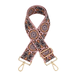 Adjustable floral embroidered bag strap with golden buckles and vintage patterns