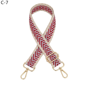 Detail of widened thick jacquard bag strap with red and blue chevron pattern and gold hooks